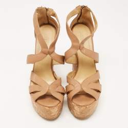 Pre Owned Jimmy Choo Brown Leather Parrow Cork Lace Wedge Sandals Size 40