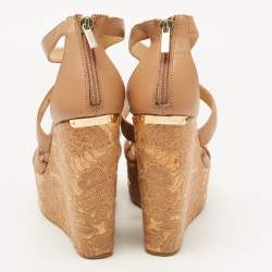 Pre Owned Jimmy Choo Brown Leather Parrow Cork Lace Wedge Sandals Size 40