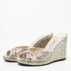 Pre Owned Jimmy Choo Metallic Woven Raffia Almer Wedge Sandals Size 40