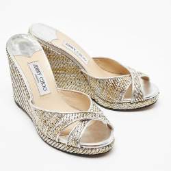 Pre Owned Jimmy Choo Metallic Woven Raffia Almer Wedge Sandals Size 40