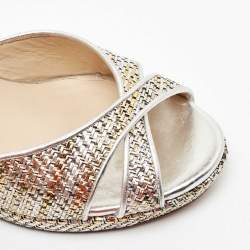 Pre Owned Jimmy Choo Metallic Woven Raffia Almer Wedge Sandals Size 40