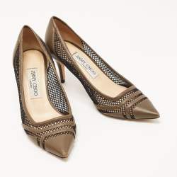 Pre Owned Jimmy Choo Olive Green Leather and Mesh Pointed Toe Pumps Size 37