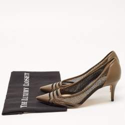 Pre Owned Jimmy Choo Olive Green Leather and Mesh Pointed Toe Pumps Size 37
