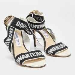 Pre Owned Jimmy Choo Black/White Canvas and Leather Bailey Sandals Size 38