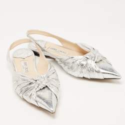 Pre Owned Jimmy Choo Silver Foil Leather Blare Knotted Slingback Flat Sandals Size 39