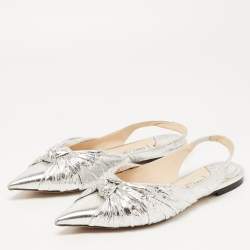 Pre Owned Jimmy Choo Silver Foil Leather Blare Knotted Slingback Flat Sandals Size 39