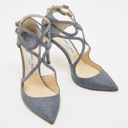Pre Owned Jimmy Choo Dark Grey Glitter Lancer Strappy Sandals Size 38.5