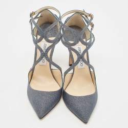 Pre Owned Jimmy Choo Dark Grey Glitter Lancer Strappy Sandals Size 38.5