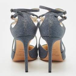 Pre Owned Jimmy Choo Dark Grey Glitter Lancer Strappy Sandals Size 38.5