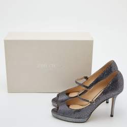 Jimmy Choo Silver Coarse Glitter Amina Peep Toe Pumps Size 37.5