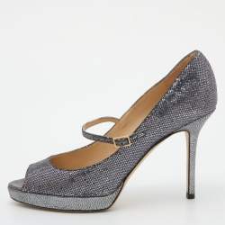 Jimmy Choo Silver Coarse Glitter Amina Peep Toe Pumps Size 37.5