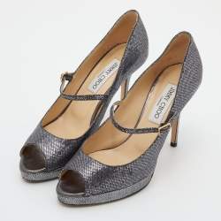 Jimmy Choo Silver Coarse Glitter Amina Peep Toe Pumps Size 37.5