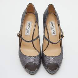 Jimmy Choo Silver Coarse Glitter Amina Peep Toe Pumps Size 37.5