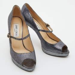 Jimmy Choo Silver Coarse Glitter Amina Peep Toe Pumps Size 37.5