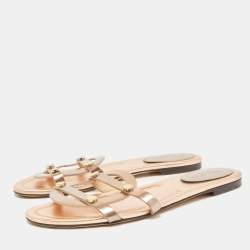 Pre Owned Jimmy Choo Metallic Foil Leather Flat Slides Size 39