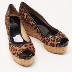 Pre Owned Jimmy Choo Leopard Print Calf Hair And Patent Trim Papina Cork Wedge Pumps Size 38