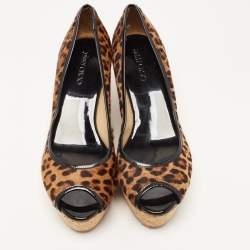 Pre Owned Jimmy Choo Leopard Print Calf Hair And Patent Trim Papina Cork Wedge Pumps Size 38