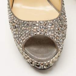 Pre Owned Jimmy Choo Metallic Grey Crystal Embellished Suede Peep Toe Platform Pumps Size 36