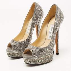 Pre Owned Jimmy Choo Metallic Grey Crystal Embellished Suede Peep Toe Platform Pumps Size 36