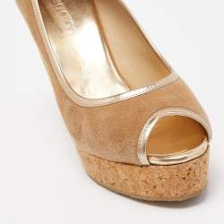 Pre Owned Jimmy Choo Brown Suede Papina Cork Wedge Platform Peep Toe Pumps Size 37.5