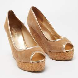 Pre Owned Jimmy Choo Brown Suede Papina Cork Wedge Platform Peep Toe Pumps Size 37.5