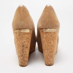 Pre Owned Jimmy Choo Brown Suede Papina Cork Wedge Platform Peep Toe Pumps Size 37.5