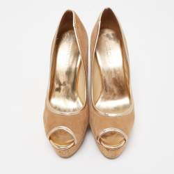 Pre Owned Jimmy Choo Brown Suede Papina Cork Wedge Platform Peep Toe Pumps Size 37.5