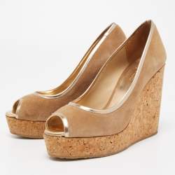 Pre Owned Jimmy Choo Brown Suede Papina Cork Wedge Platform Peep Toe Pumps Size 37.5