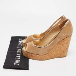 Pre Owned Jimmy Choo Brown Suede Papina Cork Wedge Platform Peep Toe Pumps Size 37.5