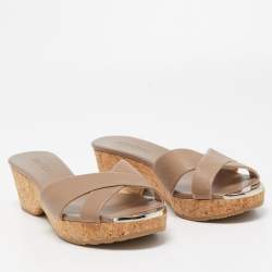 Pre Owned Jimmy Choo Beige Leather Prima Cork Wedge Sandals Size 38.5