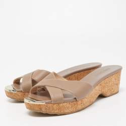 Pre Owned Jimmy Choo Beige Leather Prima Cork Wedge Sandals Size 38.5
