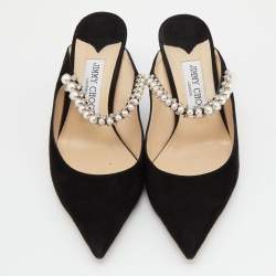 مملوكة مسبقًا حذاء مولز جيمي تشو بينغ جلد لامع أسود مرصع كريستال مقاس 38