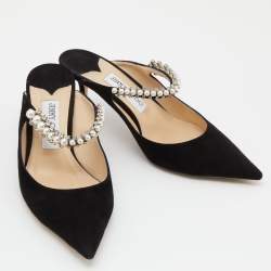 مملوكة مسبقًا حذاء مولز جيمي تشو بينغ جلد لامع أسود مرصع كريستال مقاس 38