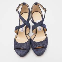 مملوكة مسبقًا Jimmy Choo Navy Blue Textured Suede April Platform Ankle Strap Sandals 36