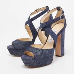 مملوكة مسبقًا Jimmy Choo Navy Blue Textured Suede April Platform Ankle Strap Sandals 36