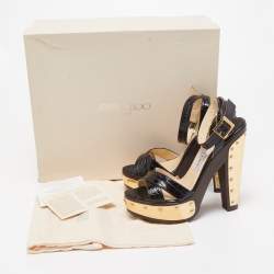 Pre Owned Jimmy Choo Black Croc Embossed Ultimate Wooden Ankle Strap Platform Sandals Size 36