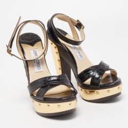 Pre Owned Jimmy Choo Black Croc Embossed Ultimate Wooden Ankle Strap Platform Sandals Size 36