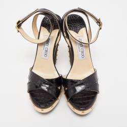 Pre Owned Jimmy Choo Black Croc Embossed Ultimate Wooden Ankle Strap Platform Sandals Size 36