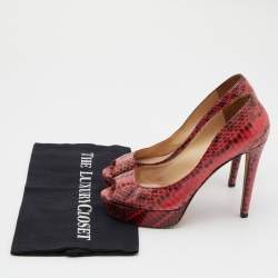 Pre Owned Jimmy Choo Red/Black Watersnake Leather Peep Toe Platform Pumps Size 37.5