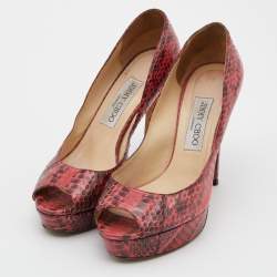 Pre Owned Jimmy Choo Red/Black Watersnake Leather Peep Toe Platform Pumps Size 37.5