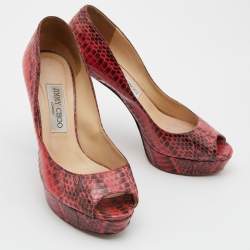 Pre Owned Jimmy Choo Red/Black Watersnake Leather Peep Toe Platform Pumps Size 37.5