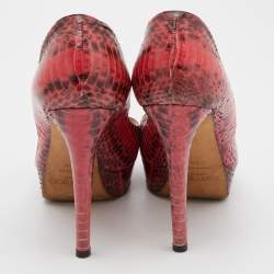 Pre Owned Jimmy Choo Red/Black Watersnake Leather Peep Toe Platform Pumps Size 37.5