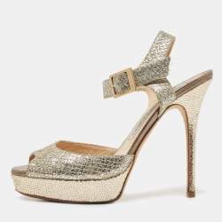 Jimmy Choo Gold Glitter Ankle Strap Platform Sandals Size 38.5