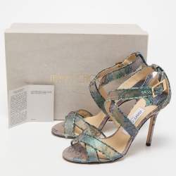 Pre Owned Jimmy Choo Multicolor Lace Python Embossed Leather Ankle Strap Sandals Size 37.5