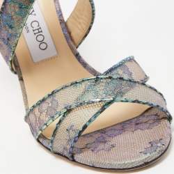 Pre Owned Jimmy Choo Multicolor Lace Python Embossed Leather Ankle Strap Sandals Size 37.5