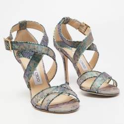 Pre Owned Jimmy Choo Multicolor Lace Python Embossed Leather Ankle Strap Sandals Size 37.5