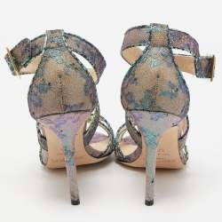 Pre Owned Jimmy Choo Multicolor Lace Python Embossed Leather Ankle Strap Sandals Size 37.5