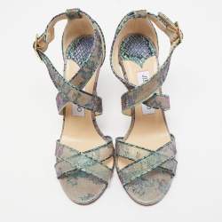 Pre Owned Jimmy Choo Multicolor Lace Python Embossed Leather Ankle Strap Sandals Size 37.5