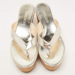 Pre Owned Jimmy Choo Metallic Laminated Suede Paque Thong Sandals Size 39.5