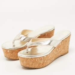 Pre Owned Jimmy Choo Metallic Laminated Suede Paque Thong Sandals Size 39.5